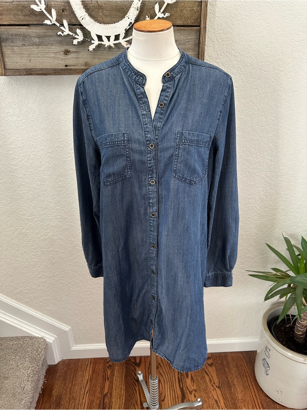 Eileen fisher chambray long sleeve button front shirt dress size M